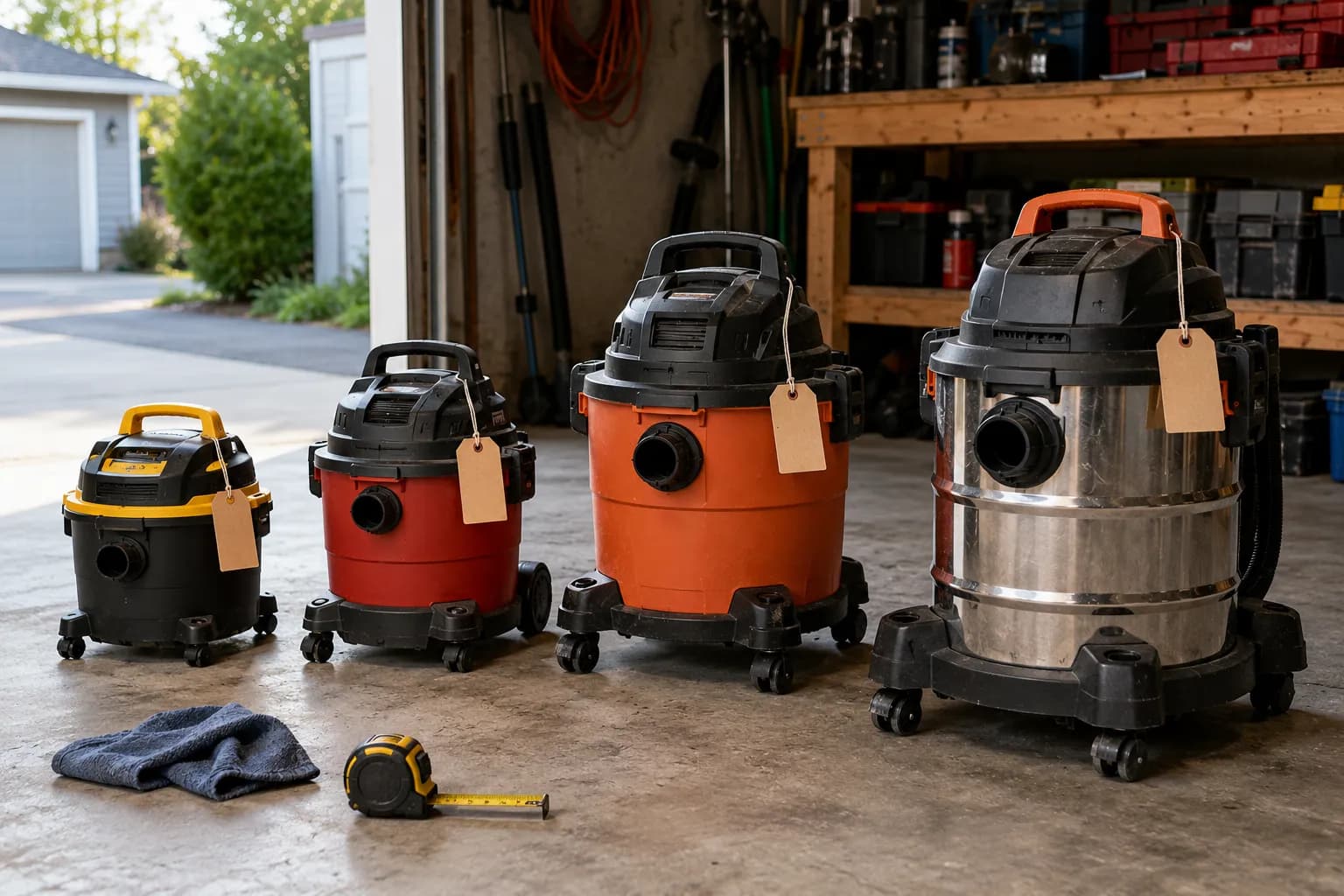 Four shop vacs on sale lined up on a garage floor for price comparison