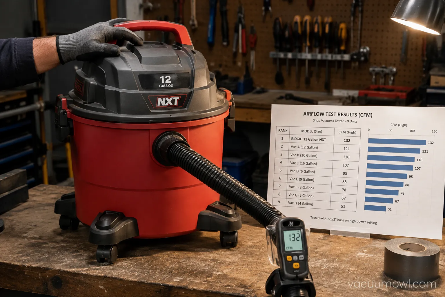 RIDGID 12-gallon NXT shop vac on a test bench next to a measured CFM readout.