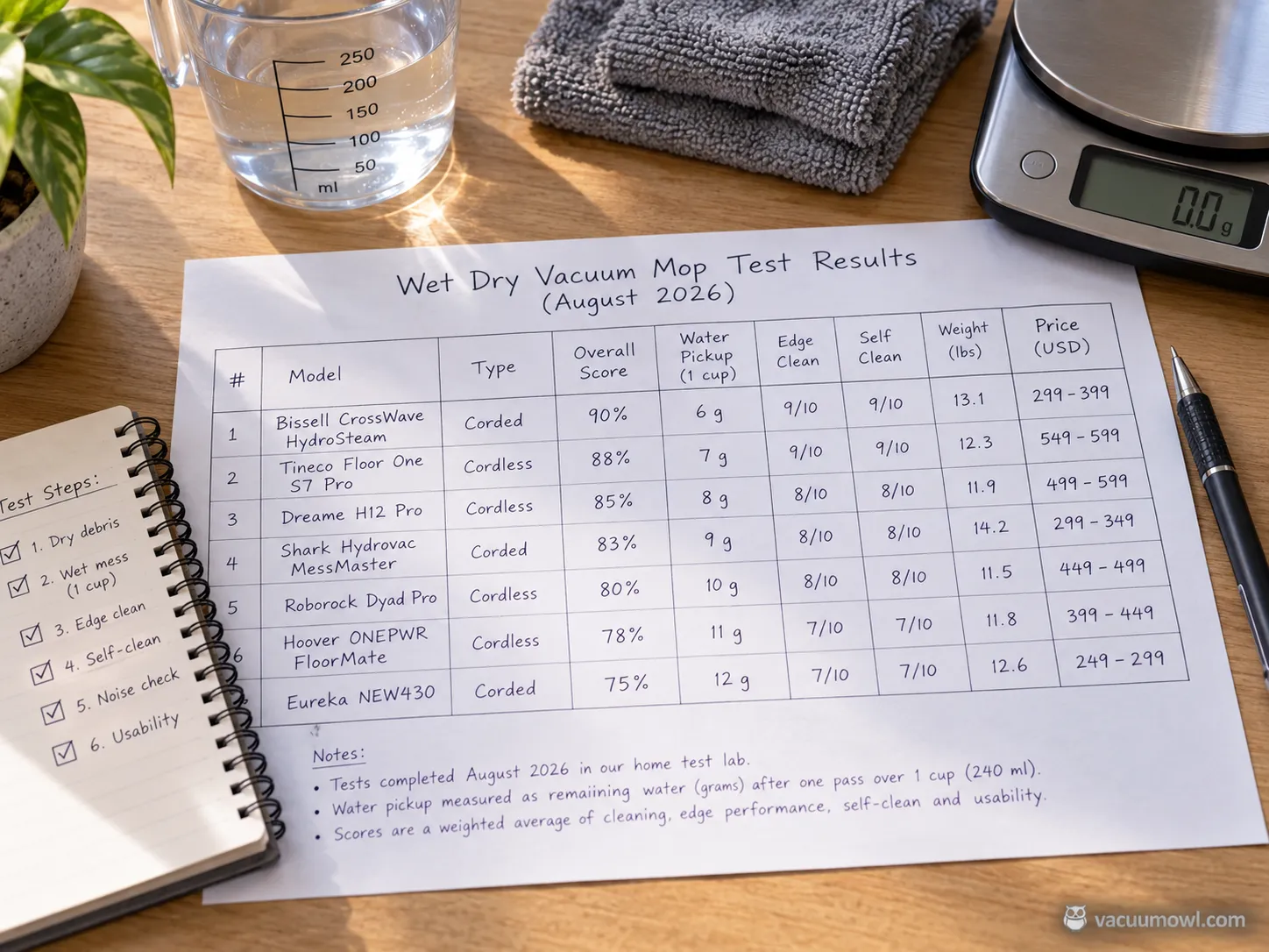Summary bench scores table for the best wet dry vacuum mop picks, tested 2026.