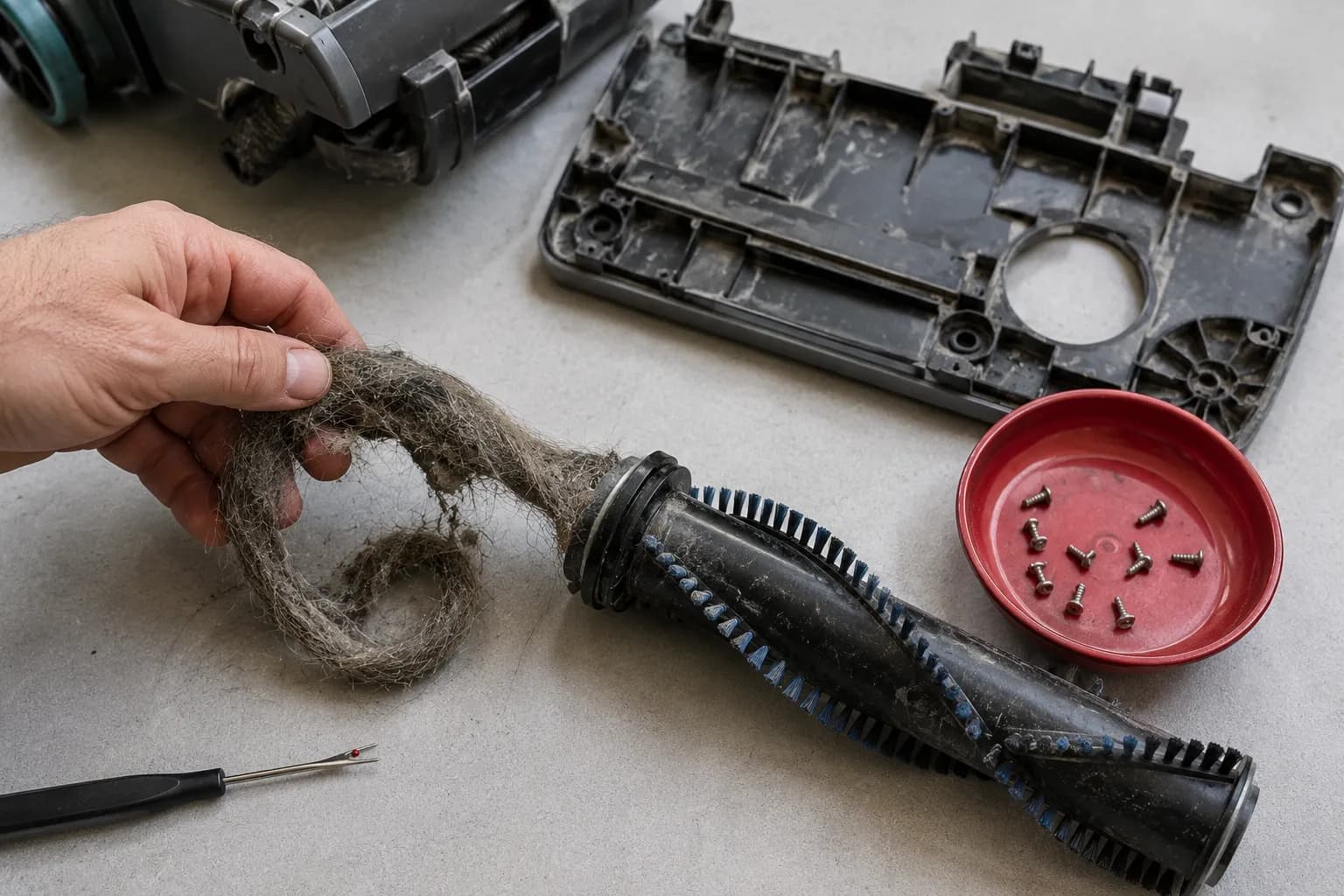 Hand removing a thick coil of hair from a Bissell 2191 vacuum brush roll beside the detached base plate, screws in a magnetic tray and a seam ripper.