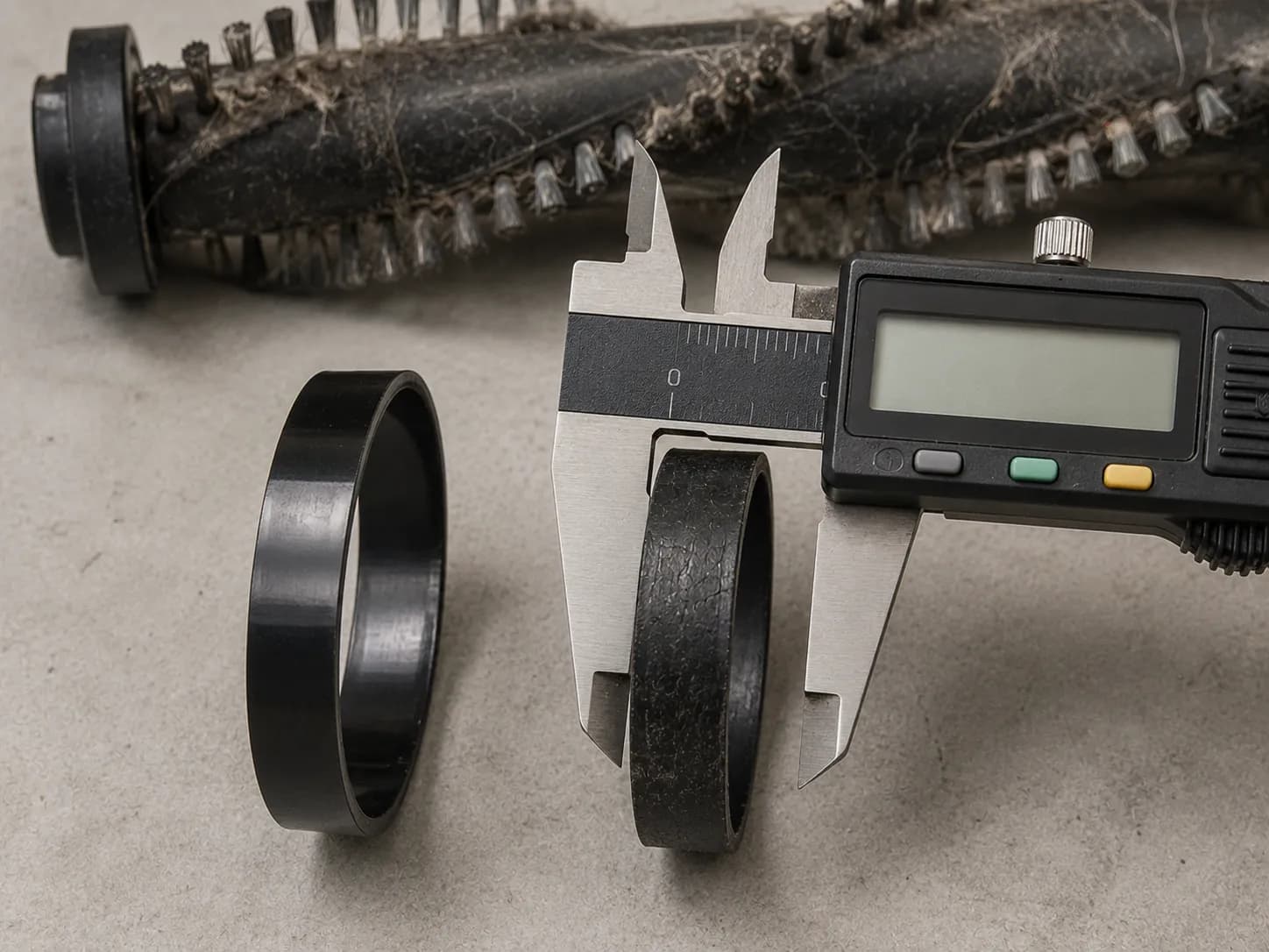 Digital calipers measuring a stretched aftermarket vacuum belt beside a new genuine Bissell 32074 belt on a workshop bench.