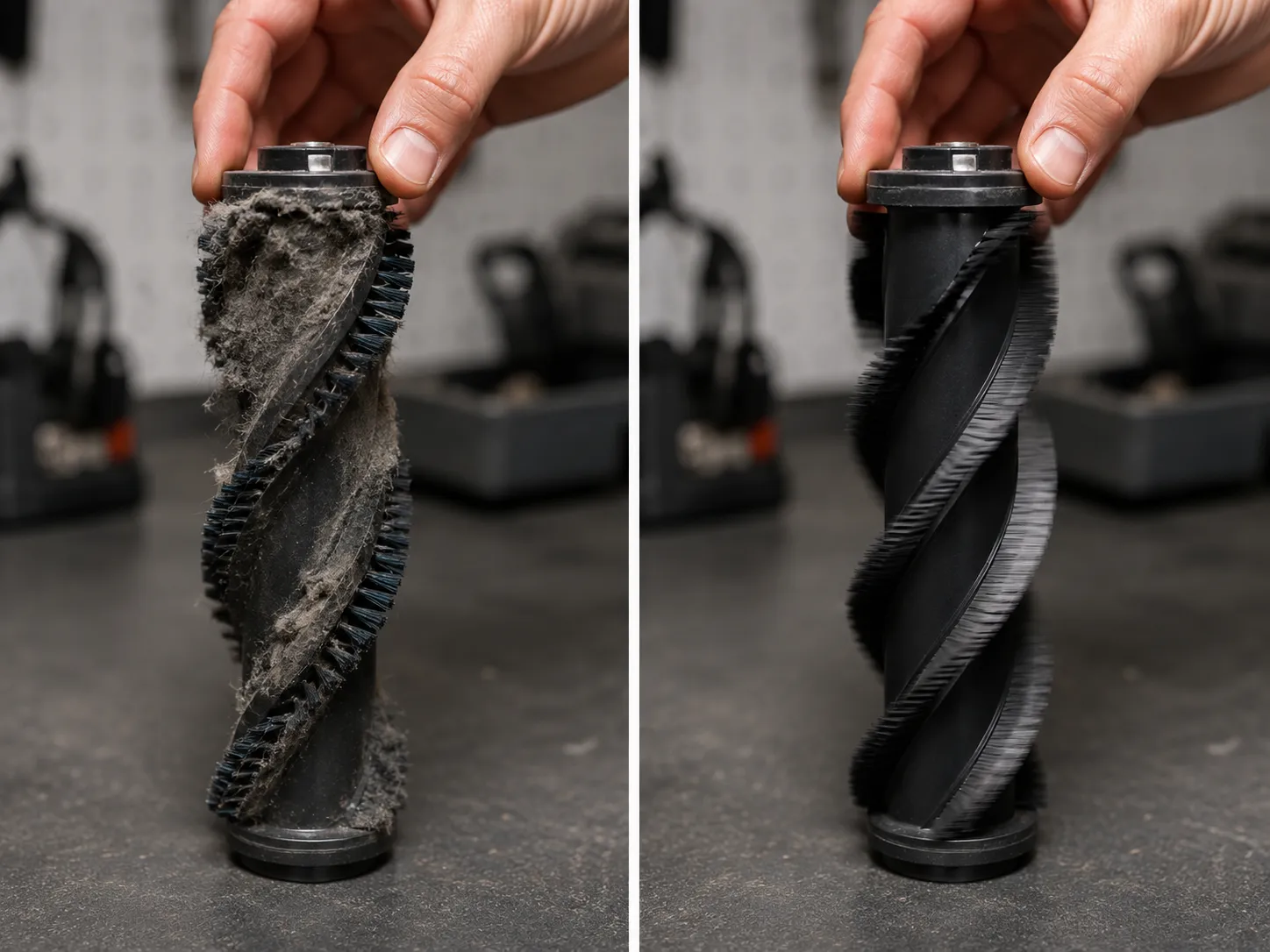 Two-panel flick test comparing a seized Bissell 68C7 brush roll clogged with debris against a healthy brush roll spinning freely with visible motion blur.