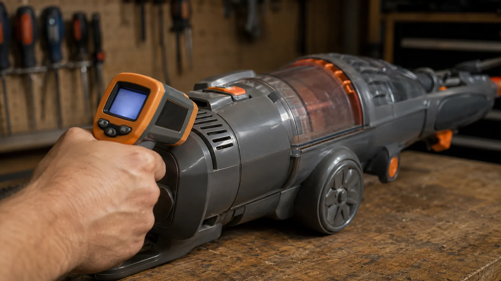 Infrared thermometer checking the motor housing of a Bissell CleanView 2252 vacuum after the thermal protector opened during testing.