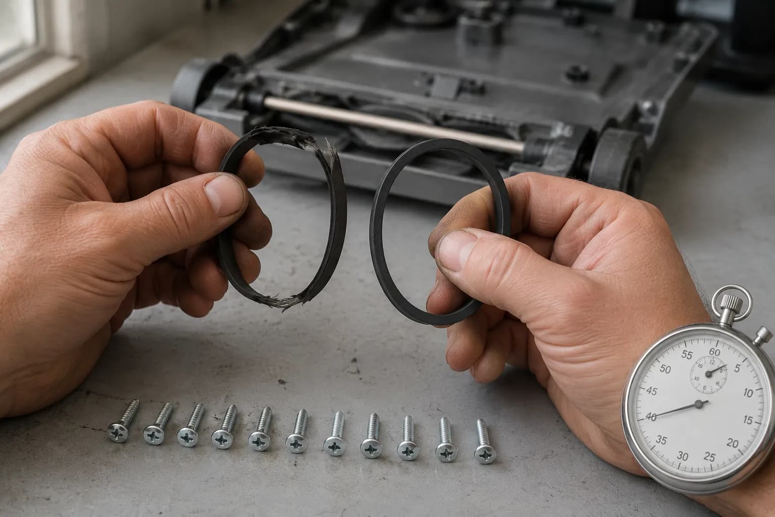Hands comparing a snapped Bissell CleanView 2254 vacuum belt with a new replacement beside ten base-plate screws and a stopwatch showing an eight-minute repair.