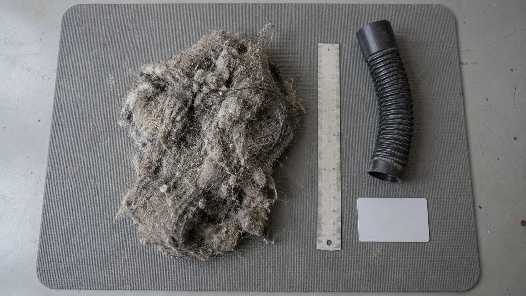 Dense clog of dust, hair and fibres removed from a Bissell CleanView 2486 lower hose, shown beside a steel rule and corrugated hose for scale.