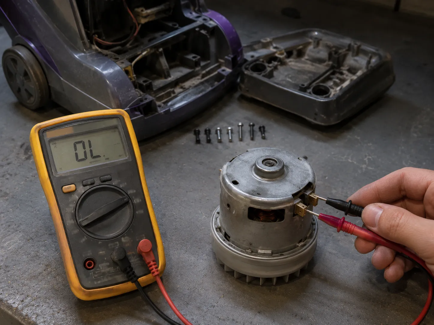 Multimeter showing an open-circuit reading across the exposed motor terminals of a disassembled Bissell CleanView Swivel Pet on a repair bench.