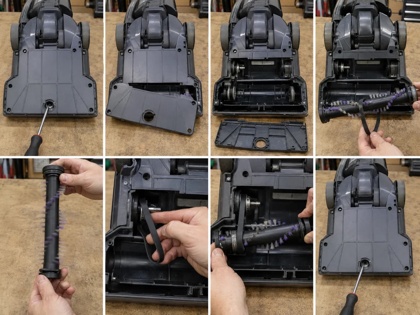 Eight-step photo sequence showing how to replace the belt on a Bissell CleanView Swivel Rewind Pet 2252, including removing the bottom plate, testing the brush roll and fitting the new belt.