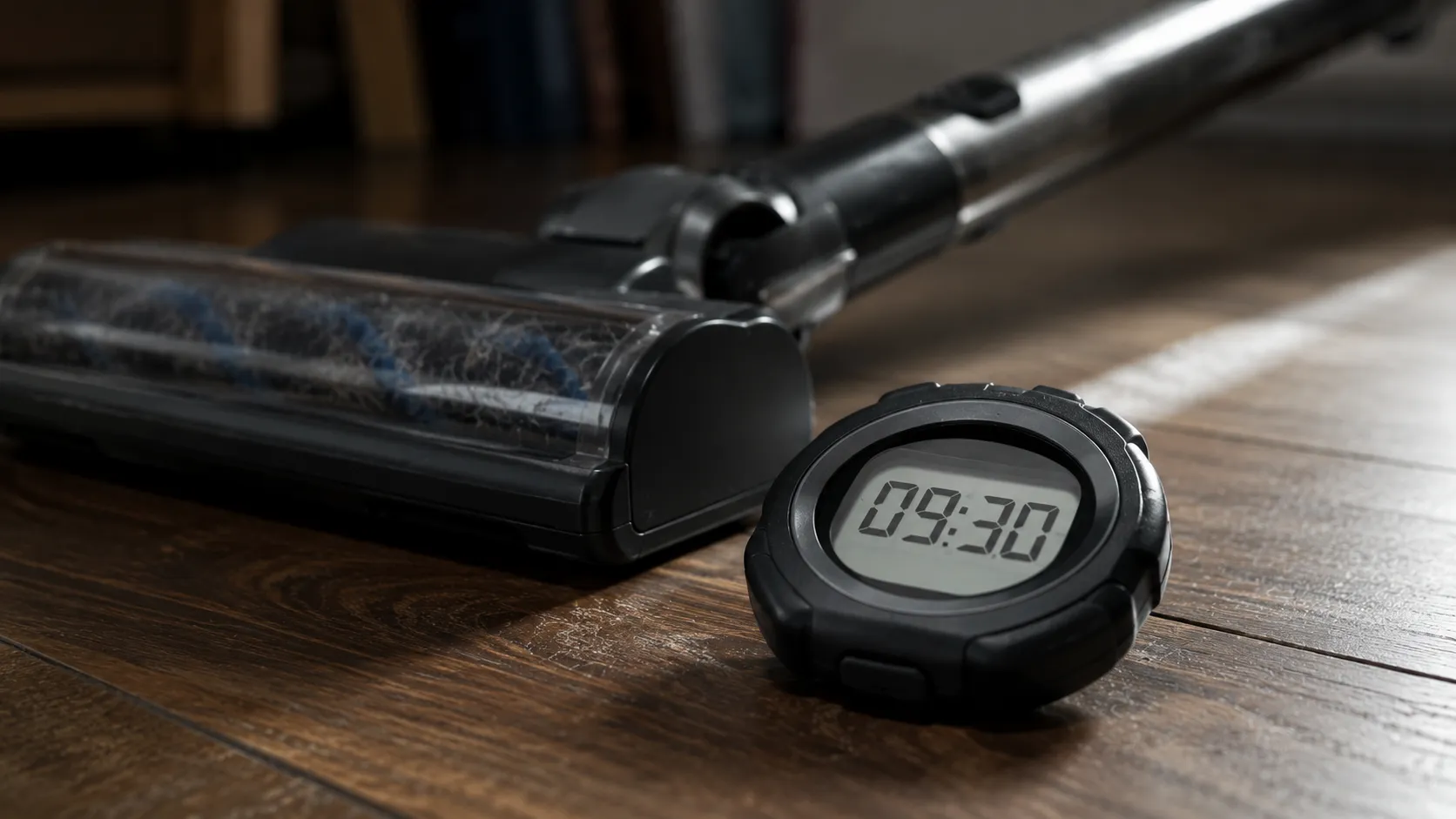 Cordless vacuum stopped mid-run beside a digital stopwatch showing 9 minutes 30 seconds, documenting the runtime of a four-year-old battery pack.