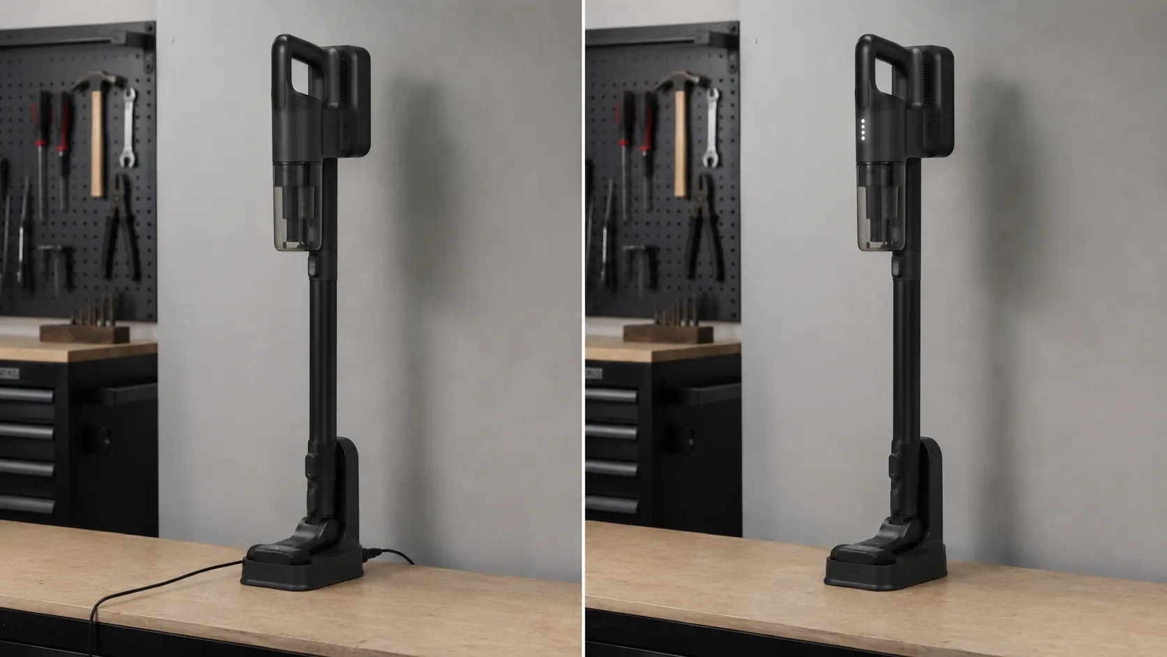 Side-by-side comparison of the same cordless vacuum unresponsive while connected to its charger and powered on with white battery lights after being unplugged.
