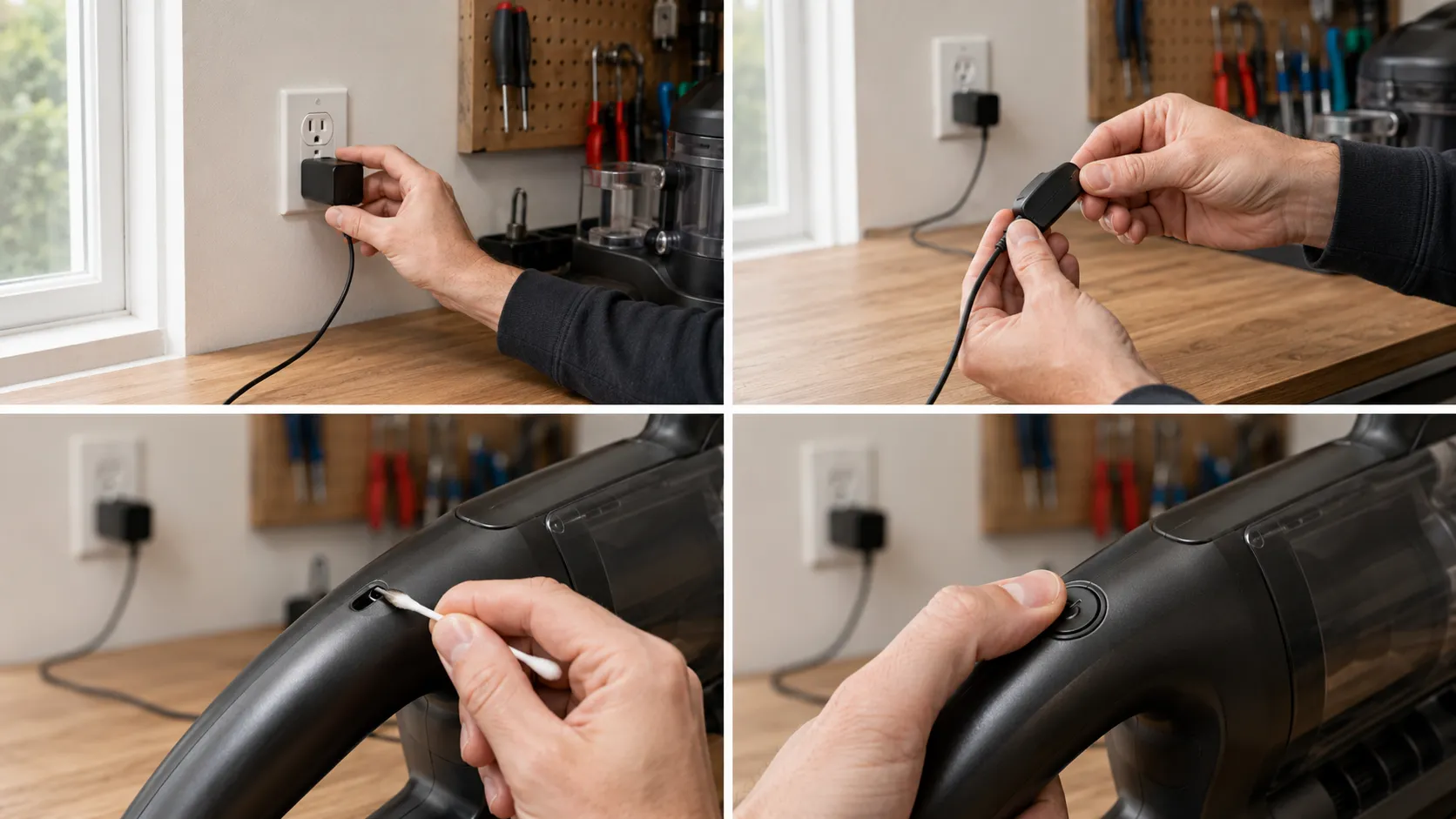 Four-step troubleshooting sequence showing how to test the outlet, inspect the charger cable, clean the charging port and hold the vacuum’s power button.