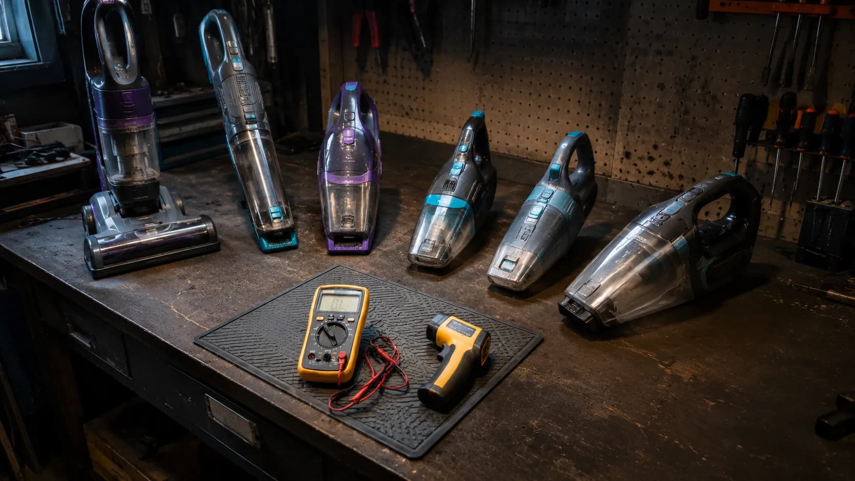 Six Bissell cordless cleaning machines lined up on a repair workbench with a digital multimeter and infrared thermometer used for testing.
