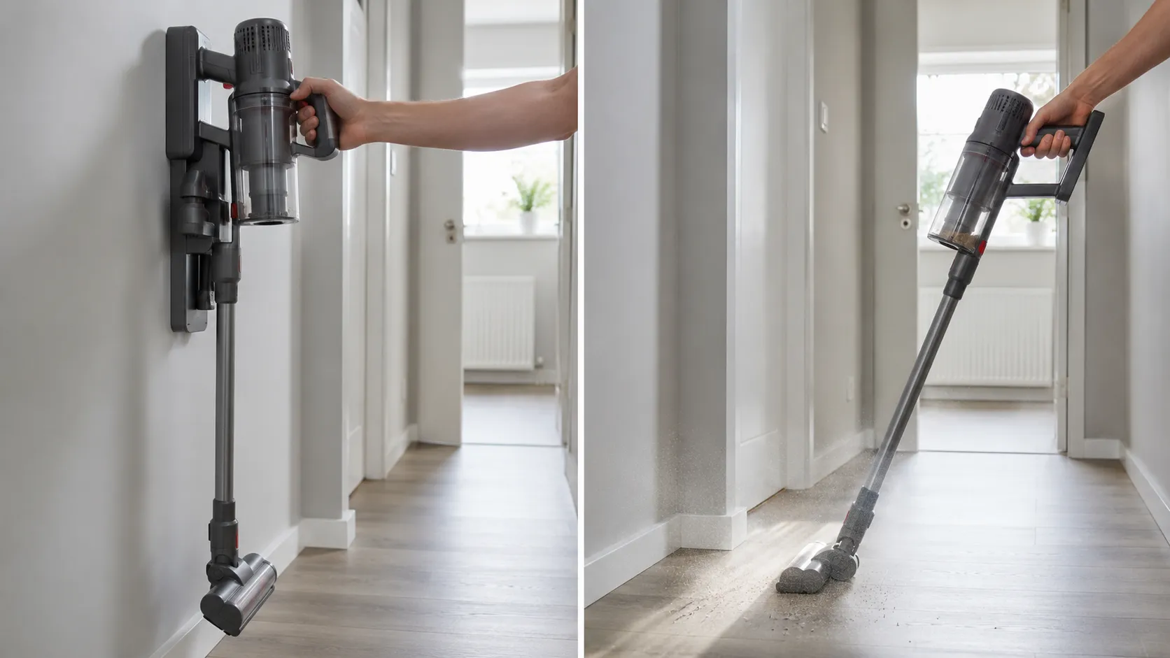 Side-by-side view of a Bissell cordless stick vacuum remaining inactive while docked on its charger and running normally after being removed from the charging dock.