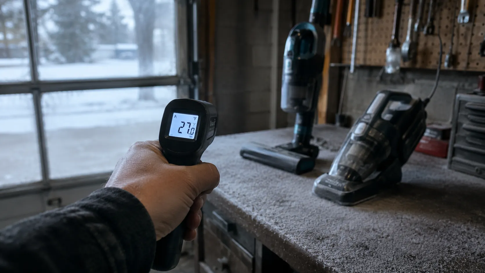 Infrared thermometer reading 27°F in a cold garage while two cordless cleaning machines sit overnight on a frost-dusted workbench.