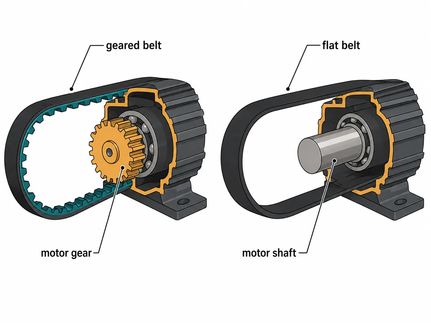 Technical cutaway diagram comparing a toothed Bissell geared belt meshing with a motor gear and a smooth flat belt gripping a motor shaft.