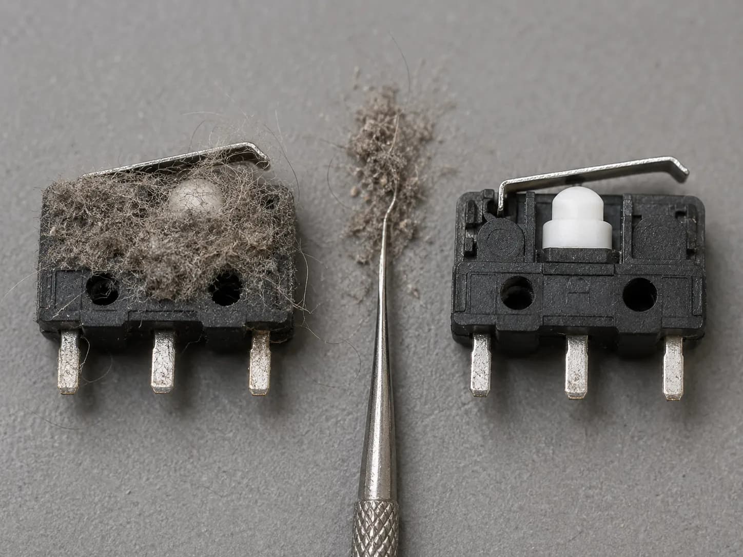 Before-and-after close-up of a vacuum microswitch plunger packed with felted dust and hair, then cleaned and fully exposed.