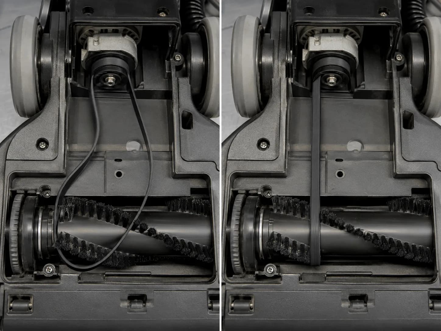 Two-panel close-up of a Bissell PowerForce Compact 2112 showing an oversized 32074 belt hanging slack and the correct 1604895 belt fitted taut.