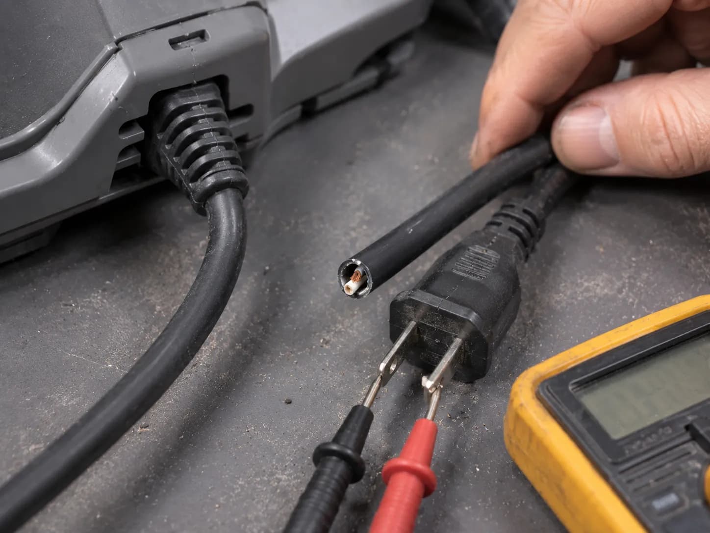 Close-up of a vacuum cleaner power cord intact at the strain relief and cut open to reveal a fractured conductor, with a multimeter testing the plug pins.