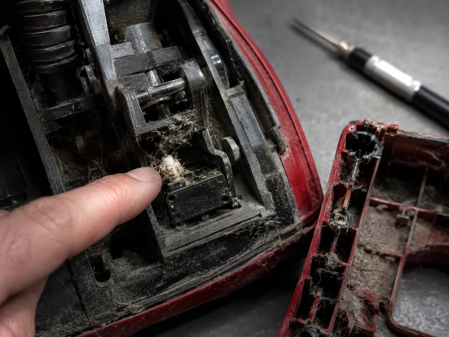 Microswitch under a Bissell PowerForce Helix pedal assembly with its plunger packed with grey dust and pet hair, highlighted by a pointing finger.