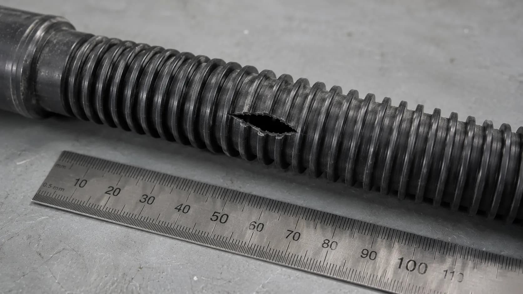 Close-up of a split Bissell PowerForce Helix corrugated vacuum hose beside a steel rule, showing the damage responsible for whistling and reduced airflow.