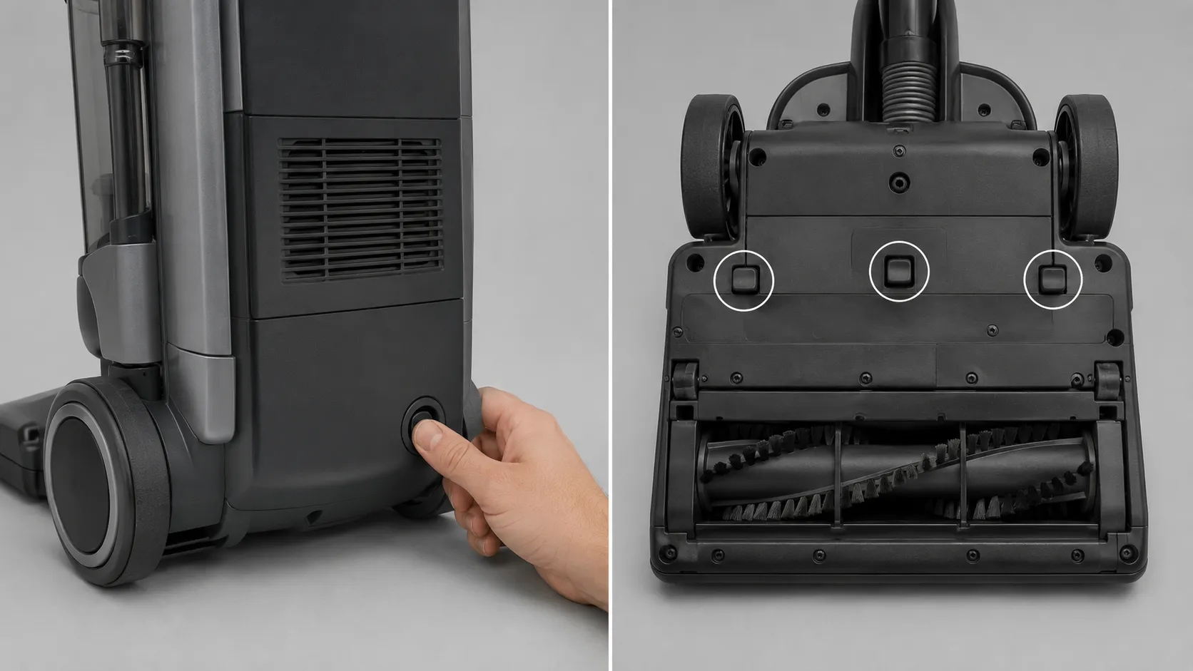 Side-by-side view of a Bissell PowerGlide brush reset button on the lower rear panel and three non-reset buttons on the underside of a Bissell CleanView vacuum.