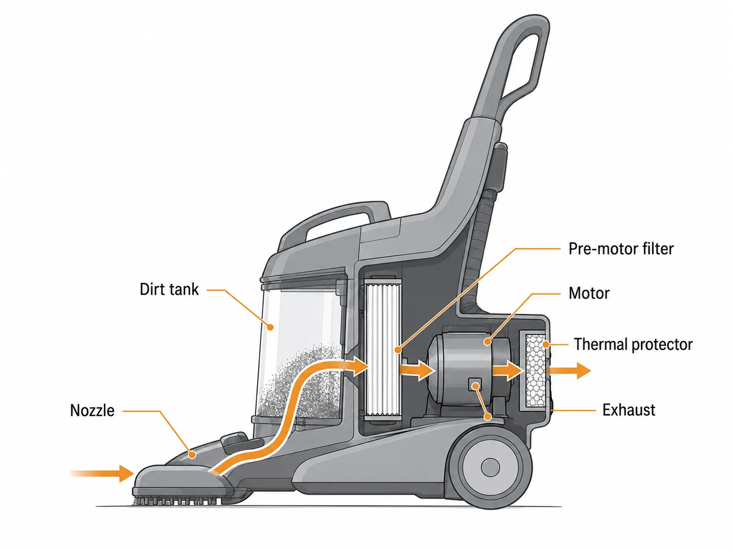 Cutaway diagram showing airflow through a Bissell upright vacuum from the nozzle and dirt tank through the pre-motor filter, across the motor and thermal protector, and out through the exhaust.