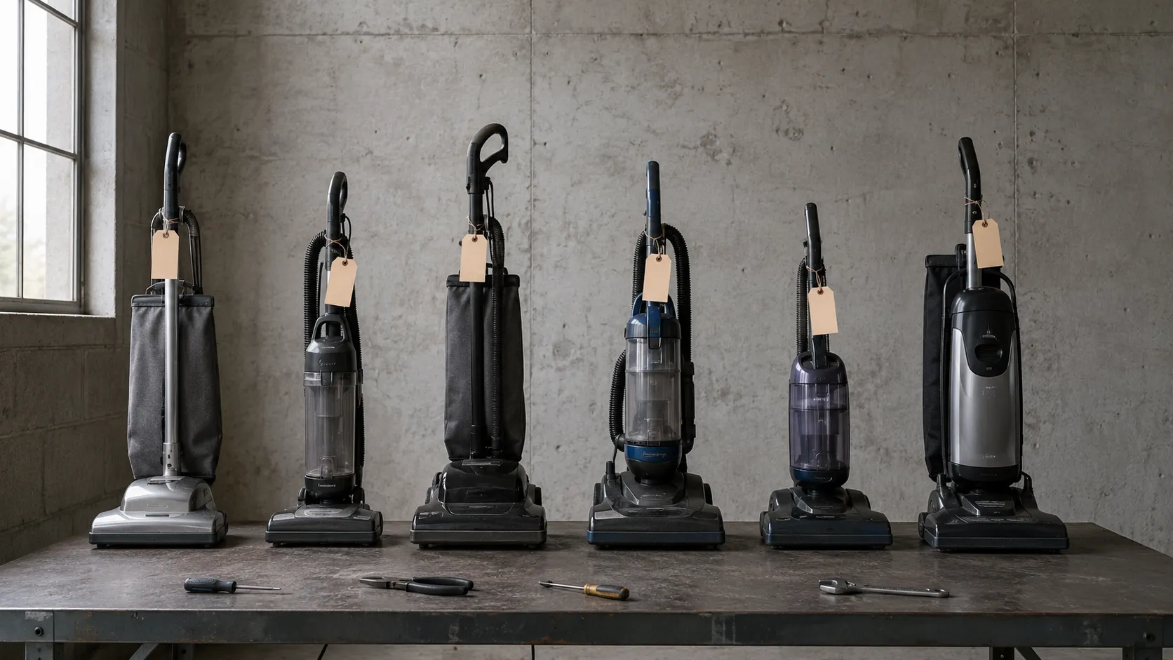 Six Bissell upright vacuum cleaners lined up on a workshop bench with symptom tags attached to their handles and repair tools arranged in front.