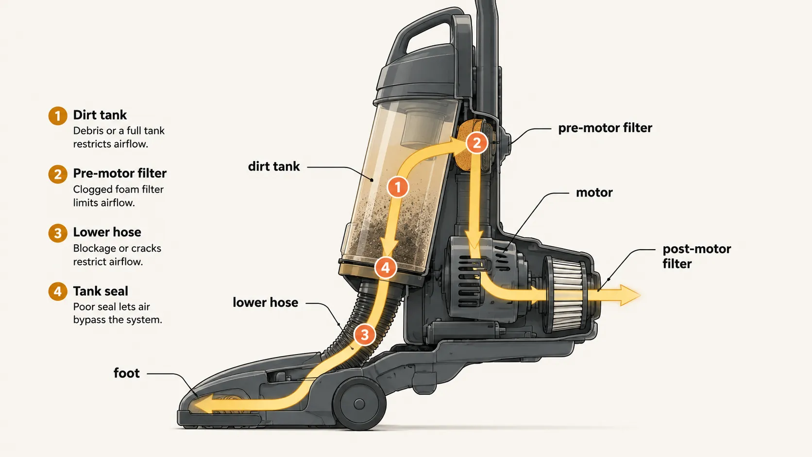 Cutaway diagram of a Bissell upright vacuum showing airflow from the foot through the lower hose, dirt tank, pre-motor filter, motor and post-motor filter, with four common choke points marked.