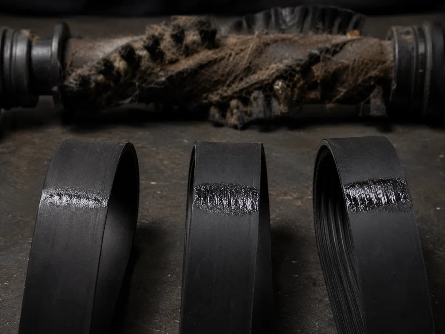 Close-up of three damaged Bissell vacuum belts with glazed melt bands, laid in front of a seized brush roll clogged with hair and debris.