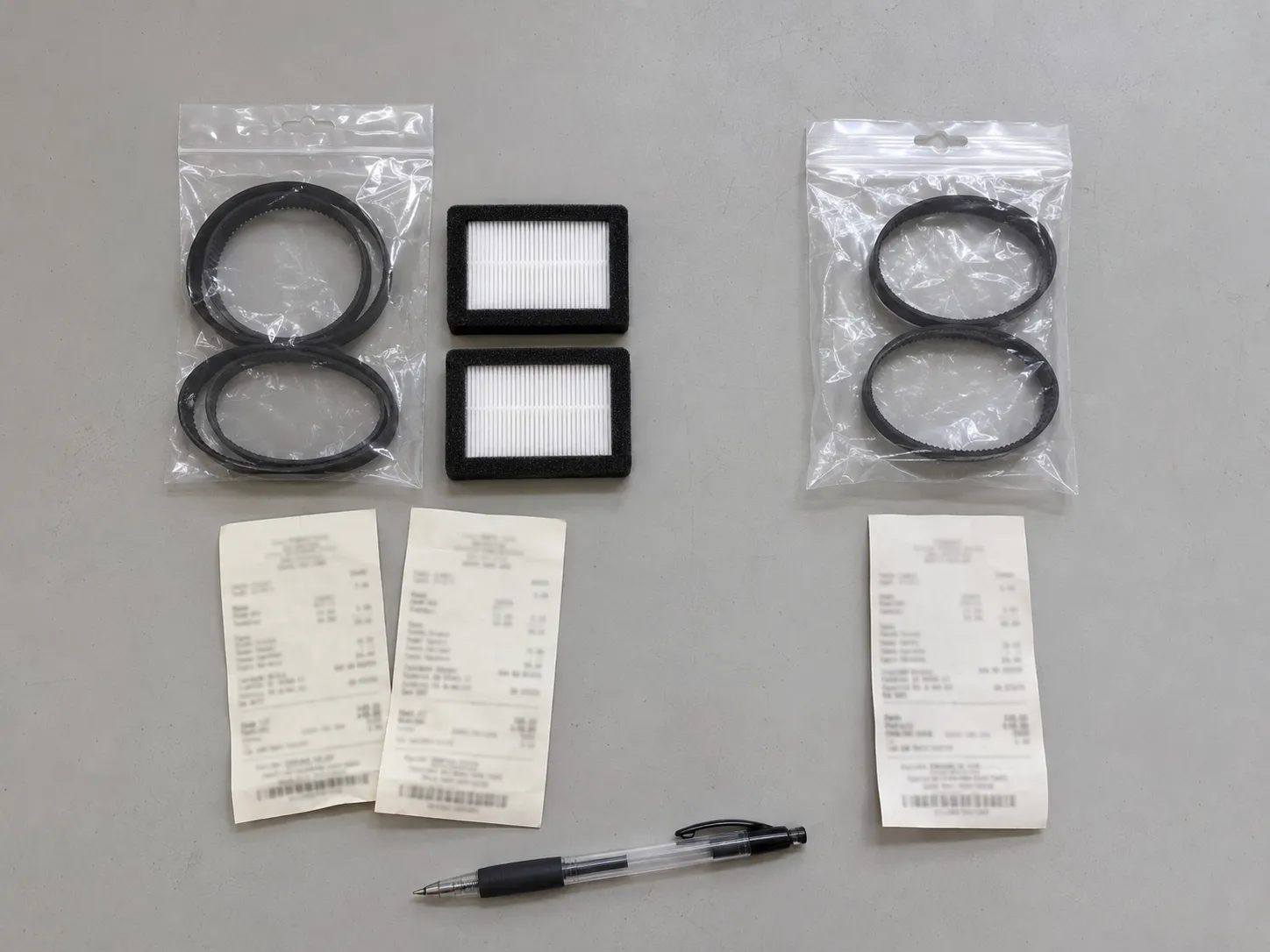 Overhead comparison of genuine Bissell vacuum belts and filters with an aftermarket belt two-pack, arranged beside dated purchase receipts on a workbench.