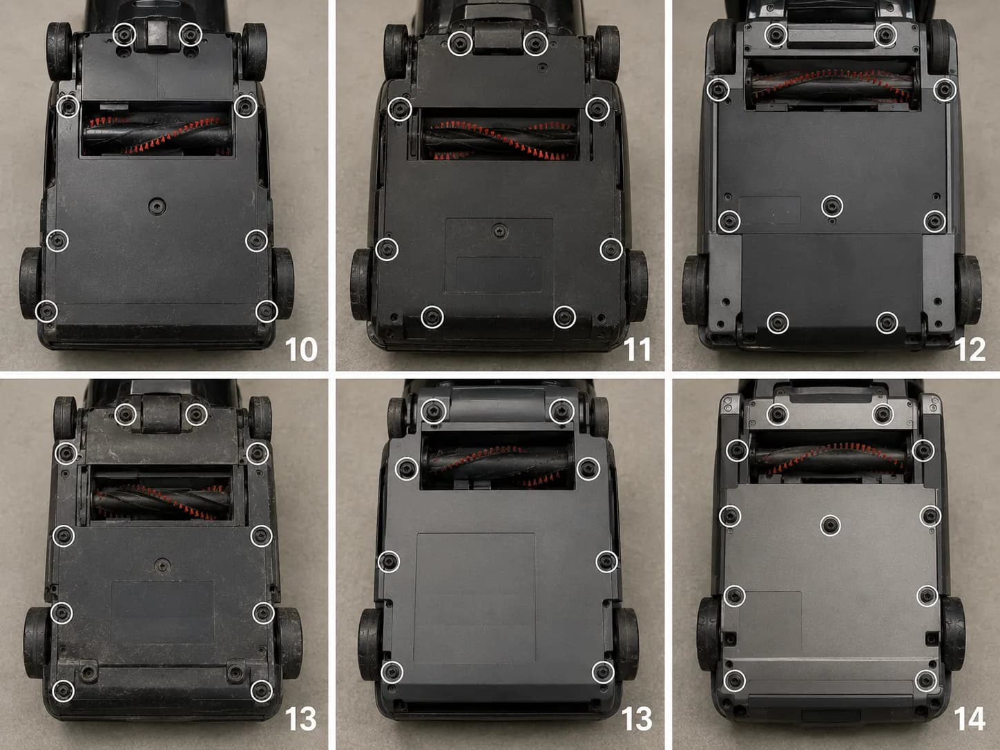 Six-panel overhead comparison of Bissell vacuum bottom plates with each screw location circled to show the different fastener counts and layouts.