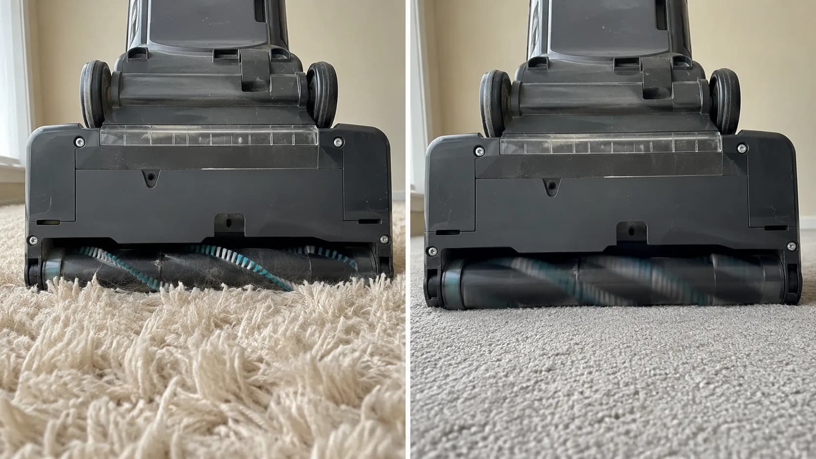 Side-by-side view of a vacuum brush roll stopped on deep shag carpet and spinning normally on low-pile carpet moments later.