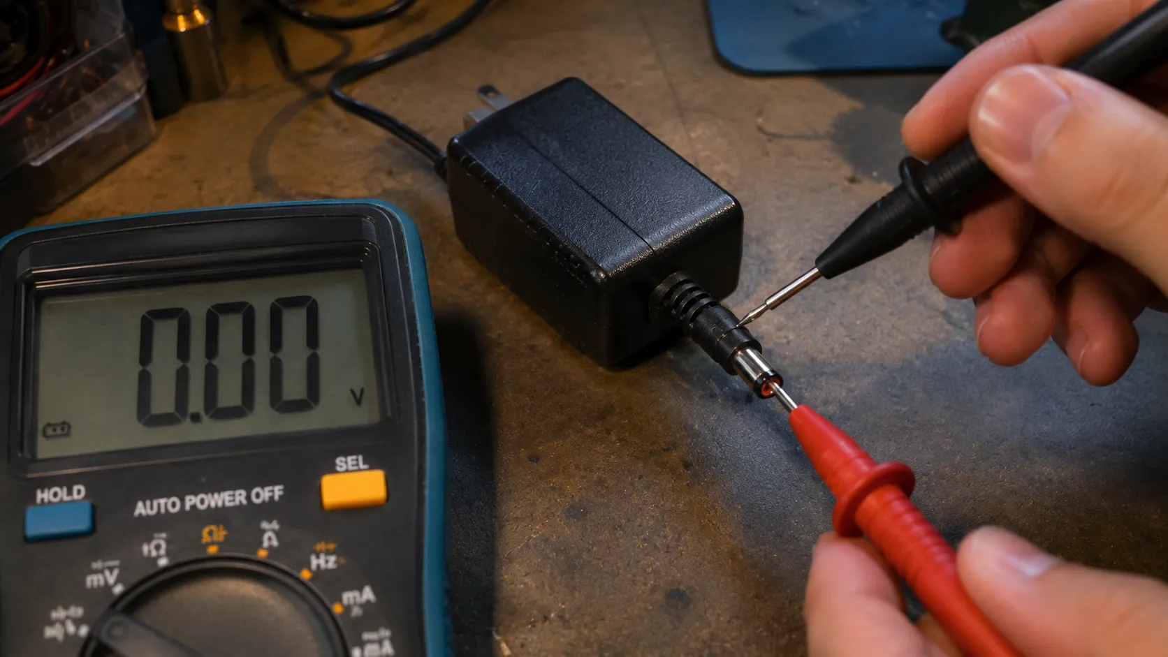 Multimeter showing zero volts while red and black probes test the centre pin and outer sleeve of a cordless vacuum charger barrel connector.