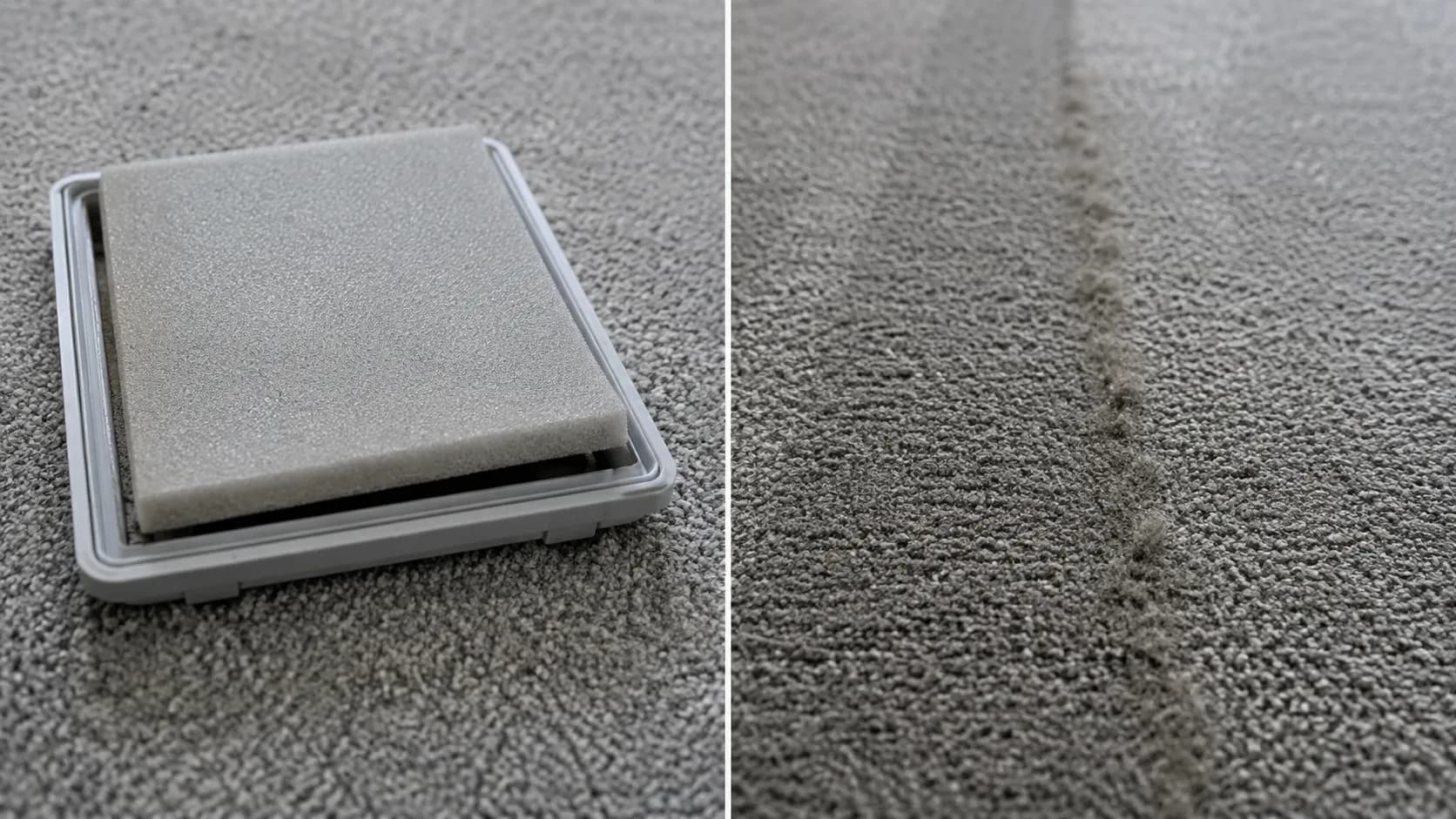 Crooked pre-motor vacuum filter lifted at one corner beside a thin line of grey dust left behind on the carpet.