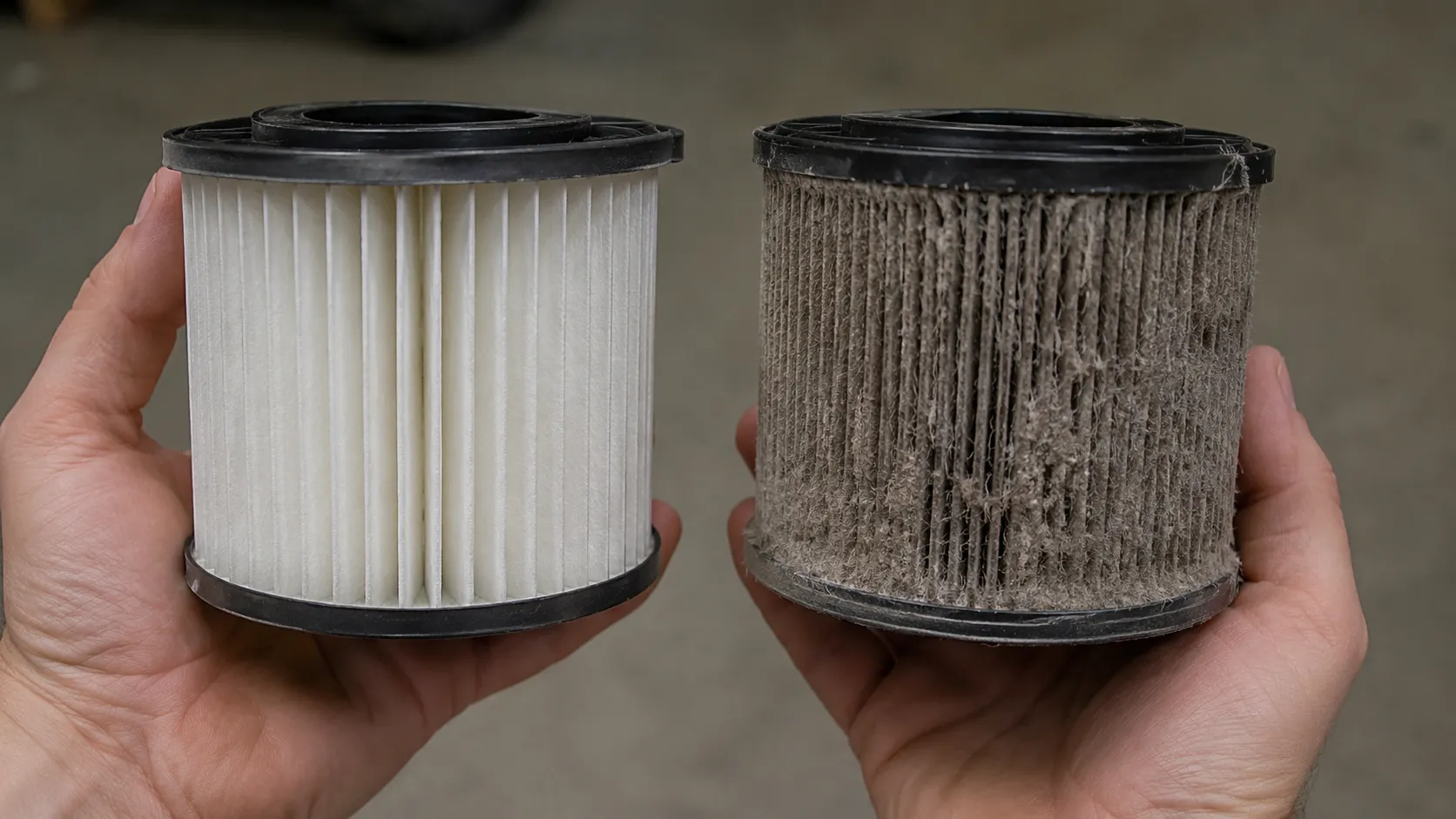 Clean and dust-clogged cylindrical vacuum filters held side by side, showing how a blocked pre-motor filter can reduce cordless vacuum runtime by 27 percent.
