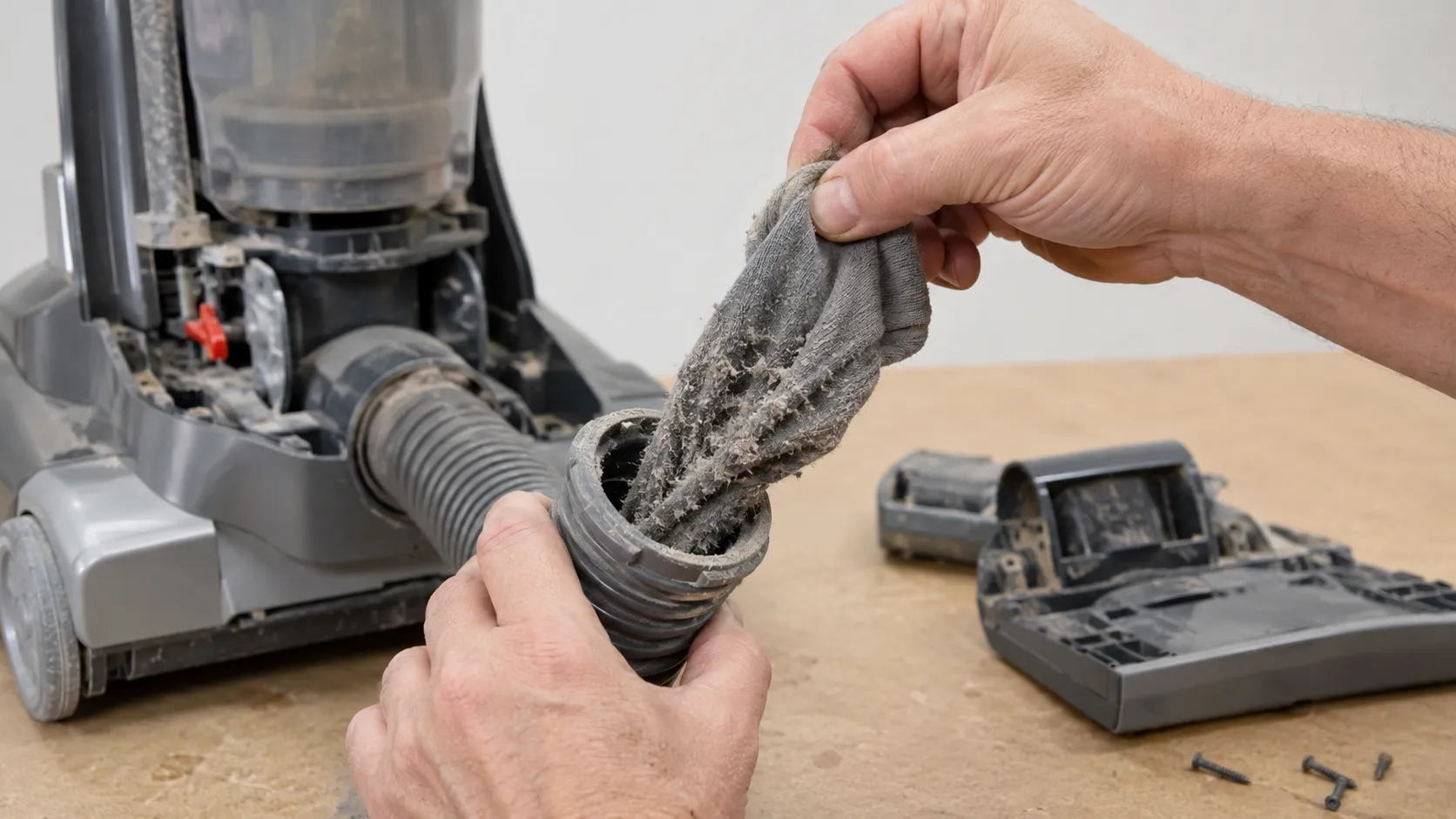 Close-up of a dusty grey sock being pulled from the lower hose of an upright vacuum after the blockage caused a second thermal protector trip within six minutes.