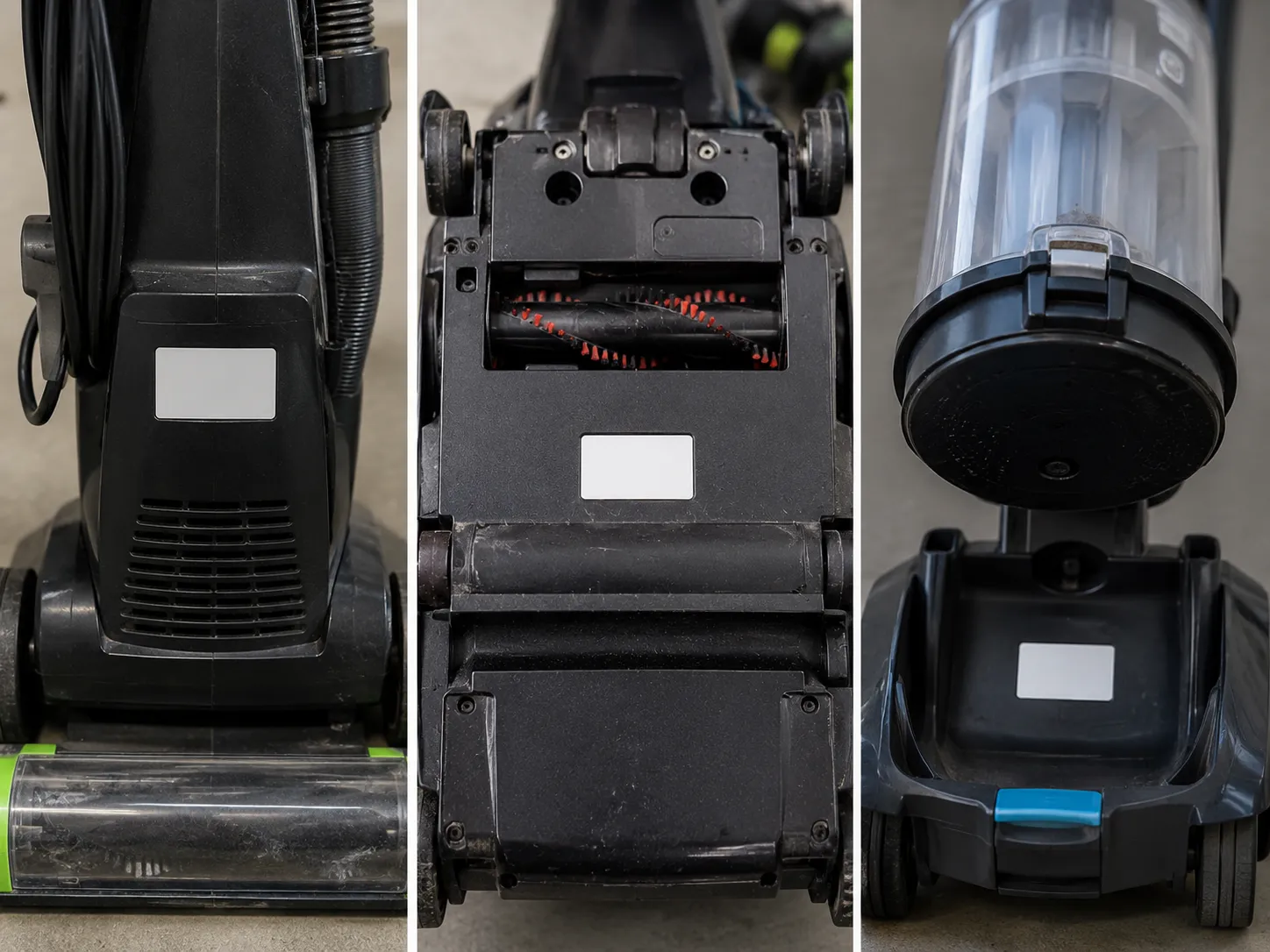 Three-panel comparison showing Bissell vacuum model labels on the rear housing of model 2252, underside of model 2112, and beneath the removed Lift-Off pod on model 2087.