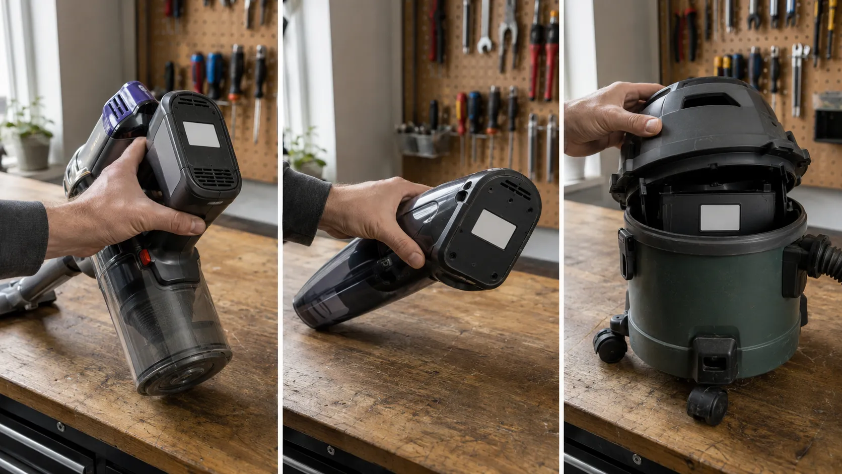 Three-panel comparison showing specification labels located on the rear of a stick vacuum, the base of a hand vacuum and behind the tank of a wet-dry vacuum.