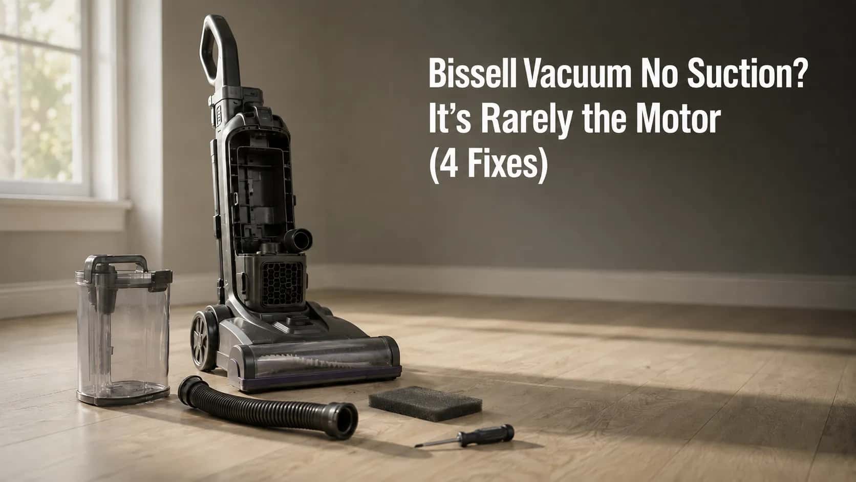 Bissell upright vacuum mid-repair with the dirt tank removed, lower hose unclipped, foam filter and screwdriver beside it, illustrating common causes of suction loss.