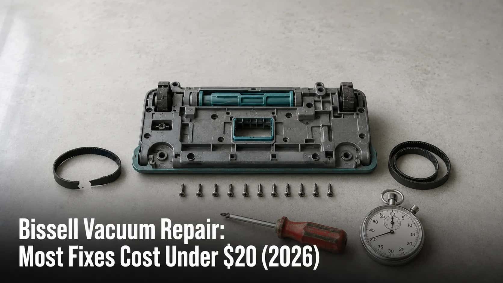 Overhead view of a Bissell vacuum repair with ten screws, a broken drive belt, replacement belt, screwdriver and stopwatch showing an under-nine-minute DIY fix.