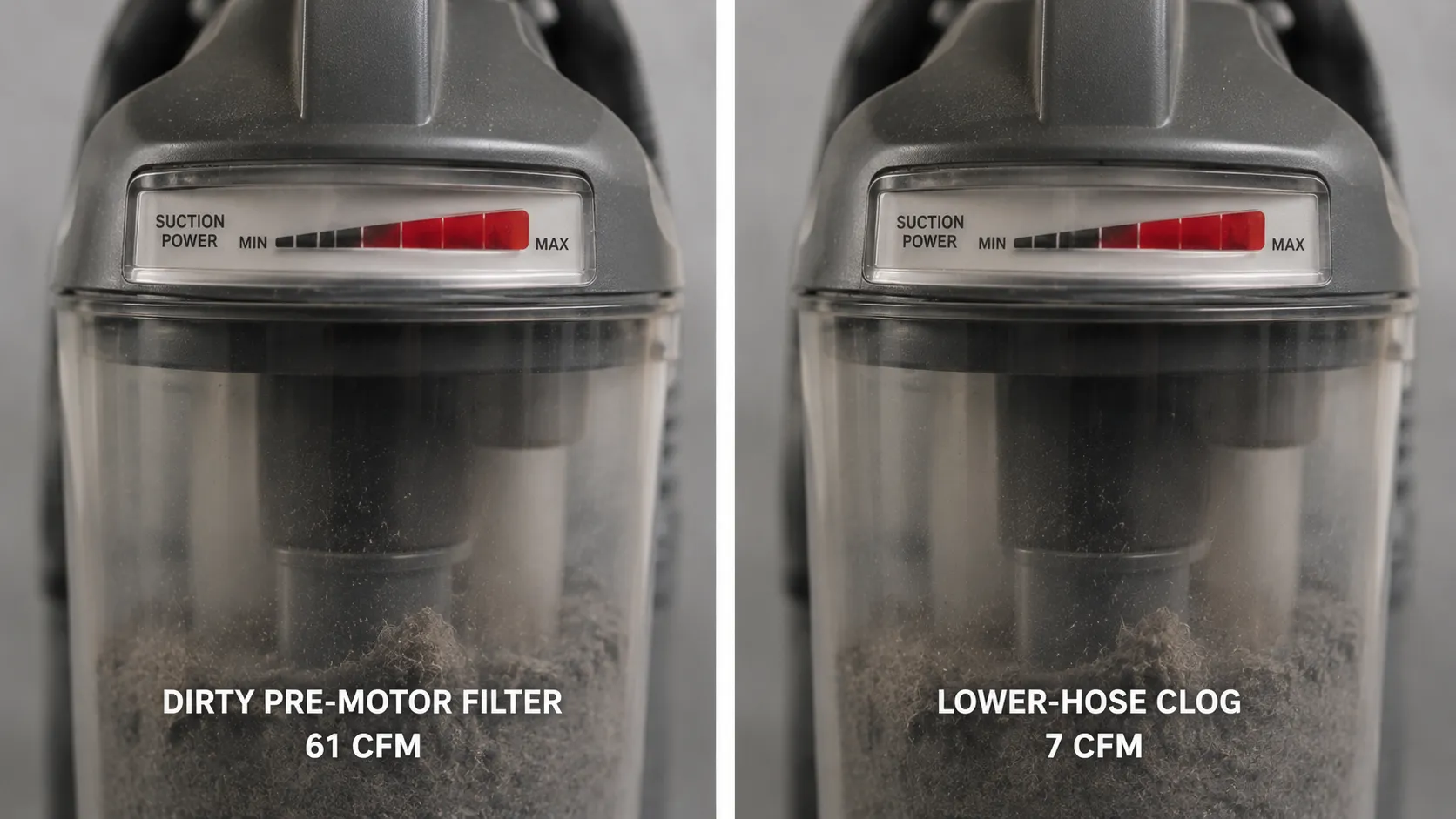 Side-by-side close-up of a Bissell vacuum suction indicator fully in the red zone, showing the same warning caused by a dirty pre-motor filter and a lower-hose clog.