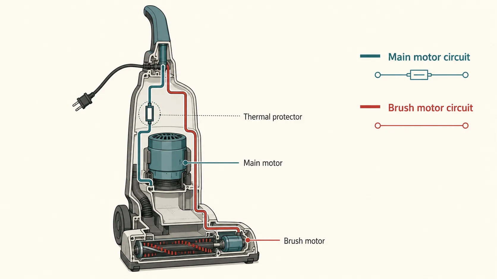 Cutaway illustration of an upright vacuum showing the thermal protector connected in series with the main motor circuit and a separate brush motor circuit that continues operating independently.