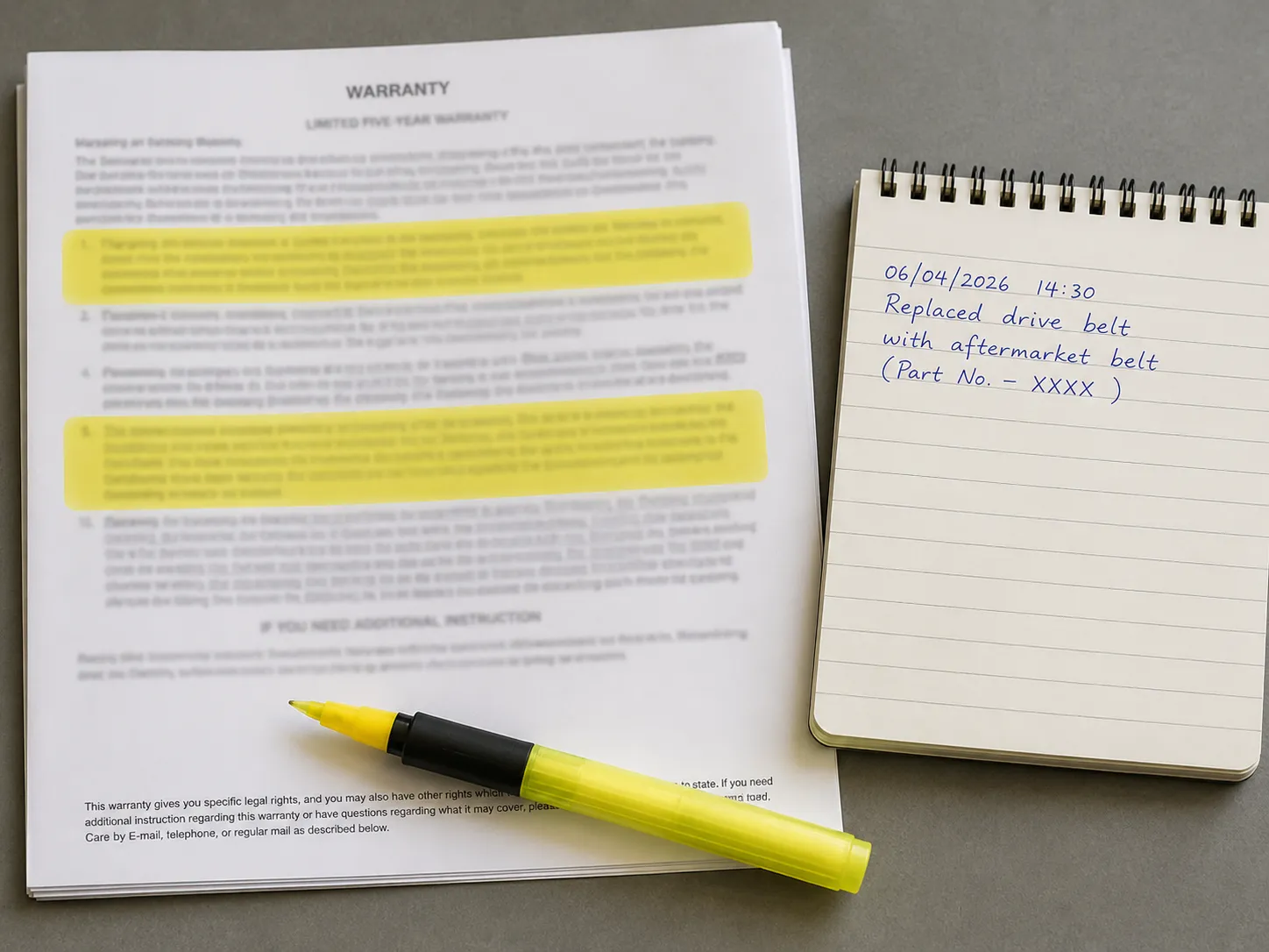 Highlighted clauses in a Bissell vacuum warranty document beside a dated notebook entry recording the installation of an aftermarket drive belt.