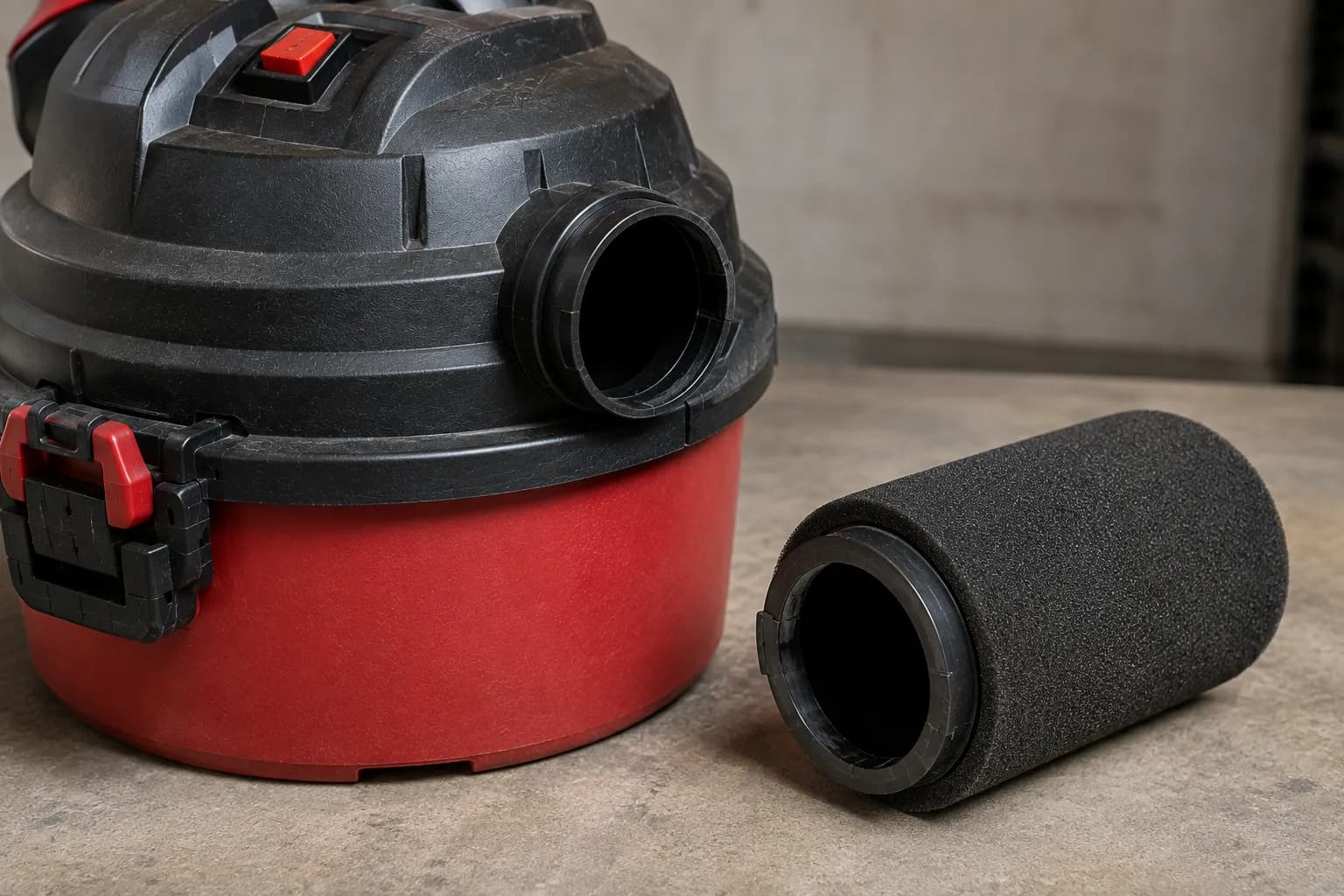 shop vac blower port shown open beside a foam diffuser
