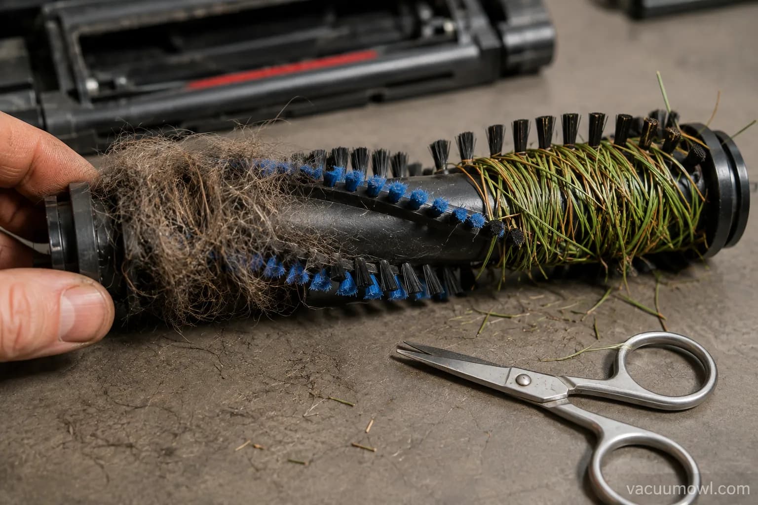pet hair matted and pine needles wrapped in a vacuum brush roll