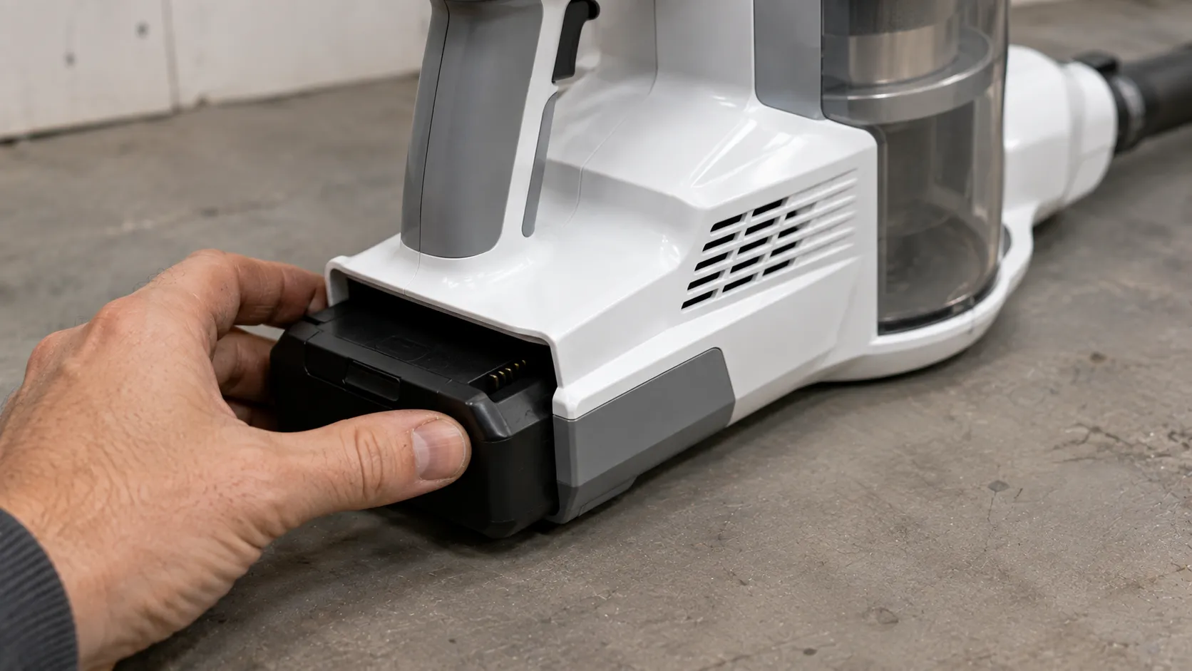 A hand reseating the battery pack of a budget cordless vacuum that would not turn on.