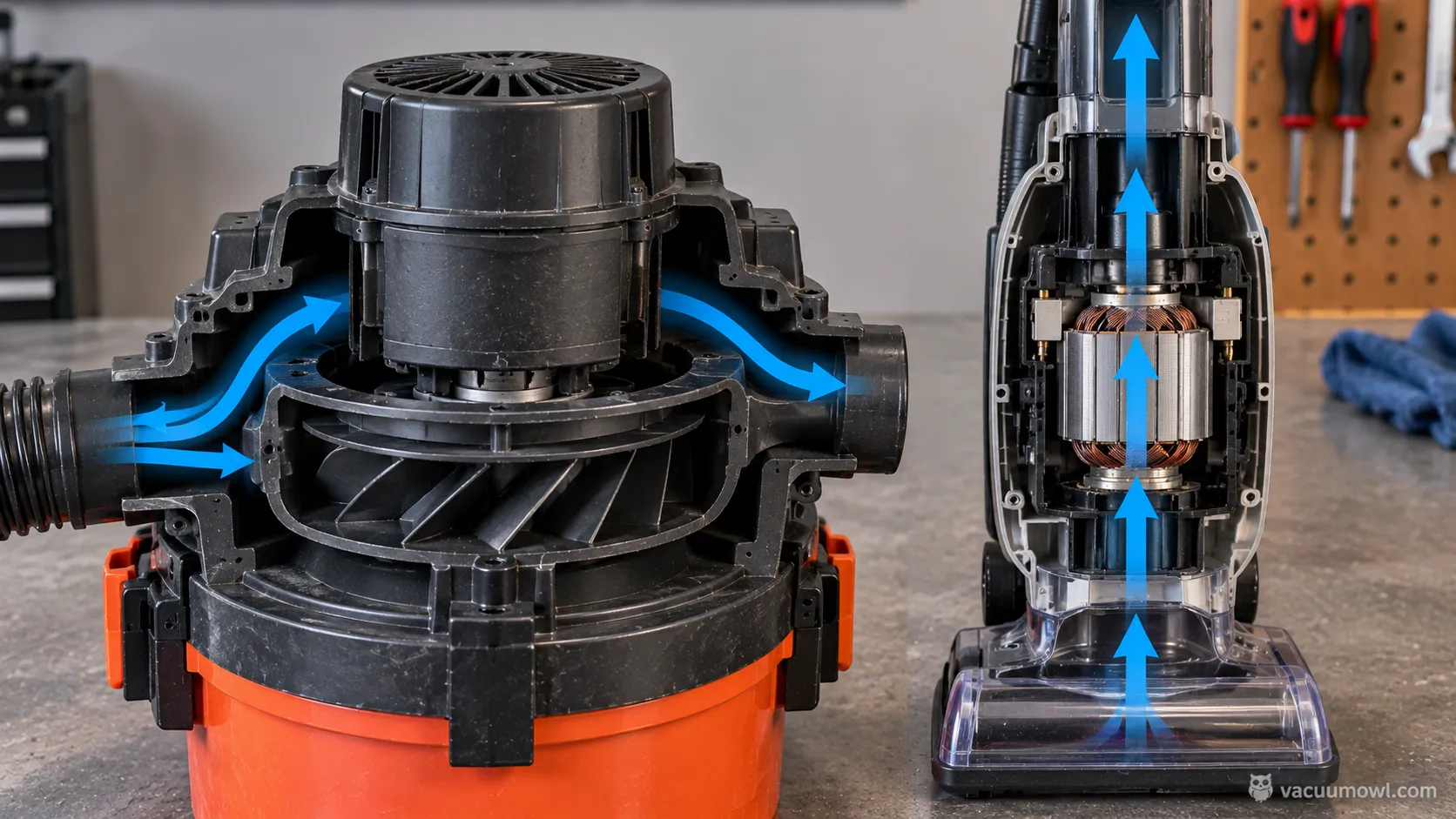 bypass shop vac motor and flow-through vacuum motor compared side by side