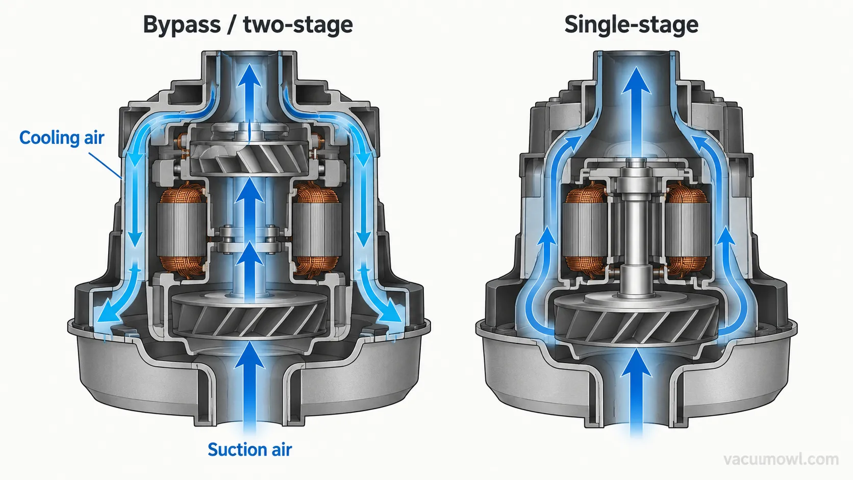 Diagram of bypass vs single-stage shop vac motor airflow.