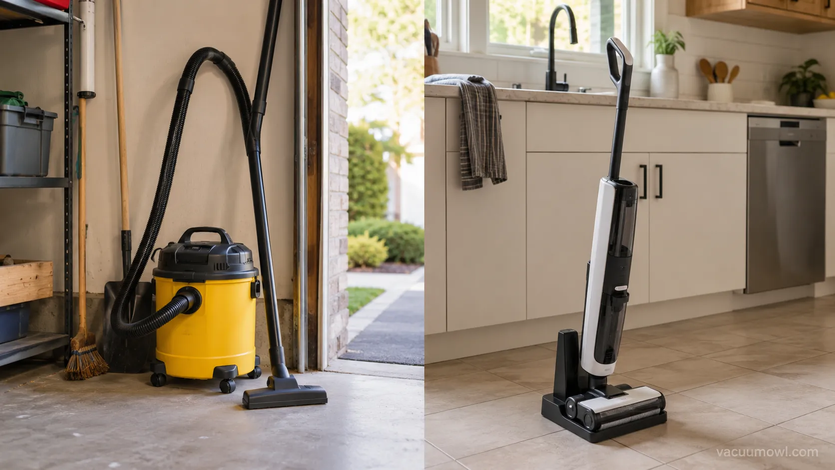 Canister wet dry vacuum stored in a garage and a cordless floor washer docked in a kitchen, showing where each machine lives.