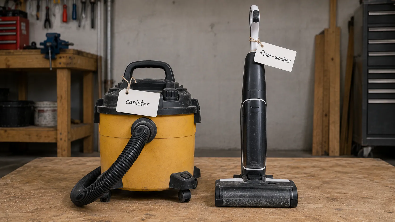 Canister wet dry vacuum beside a cordless floor washer, each tagged, showing the two machine types on a workbench.