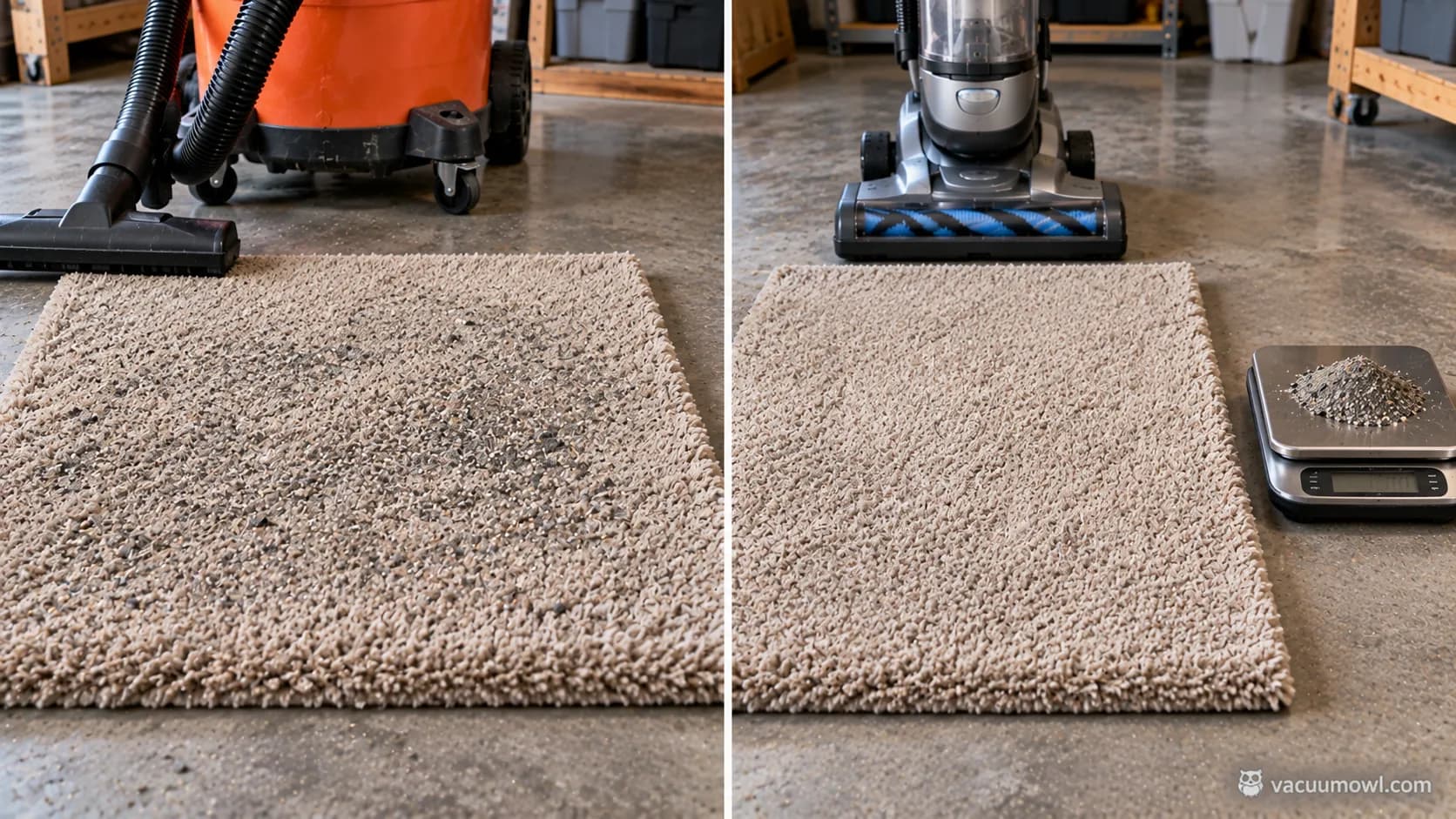 carpet before and after shop vac and regular vacuum showing recovered grit